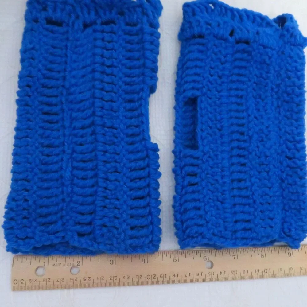 Handmade Crocheted Fingerless Gloves, Royal Blue Fingerless Mittens Women Ruffle